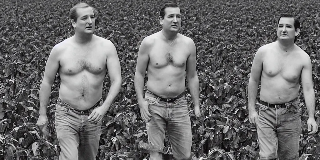 Prompt: ted cruz shirtless laboring in a tobacco field