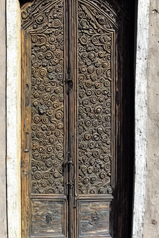 Prompt: Full old weathered wooden Door with a high relief carving of Fractal Marble and Opal Geode and Obisidian