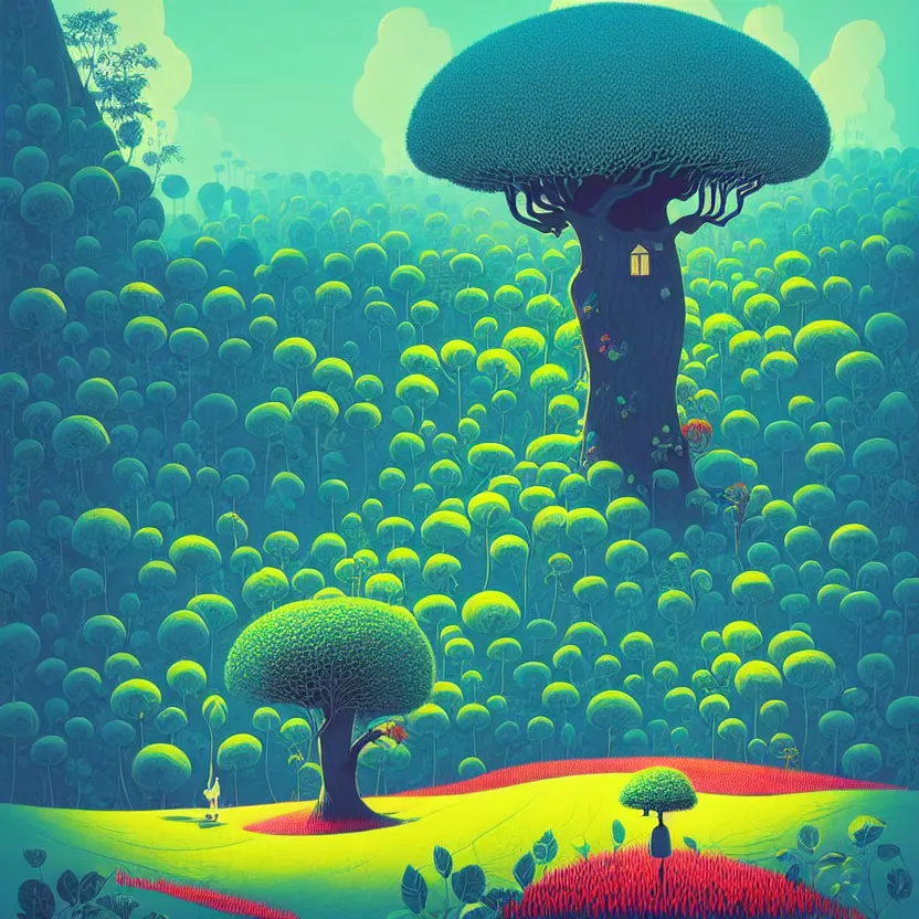 Image similar to ( ( ( ( ( gediminas pranckevicius ) ) ) ) ), stillness under bo tree in a jungle wild flower garden summer morning, very coherent and colorful high contrast art by james gilleard floralpunk screen printing woodblock, dark shadows, pastel color, hard lighting