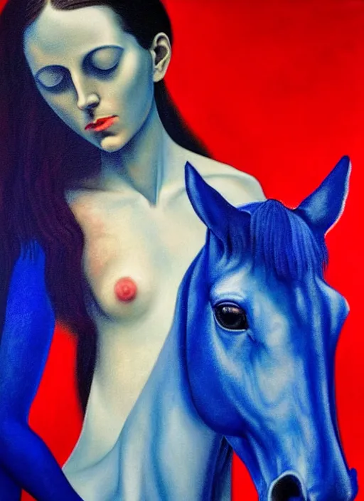 Image similar to only with blue, ney motogrosso in love with a red stallion, too many hands in all directions, in hoc signo vinces, waterfall, in the style of leonora carrington, gottfried helnwein, intricate composition, blue light by caravaggio, insanely quality, highly detailed, masterpiece, red light, artstation