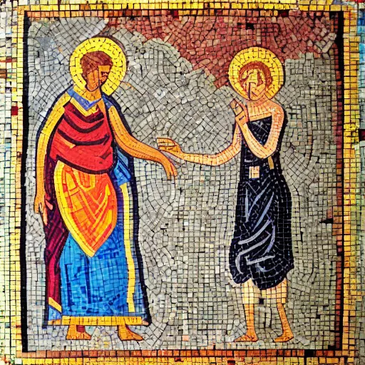 Prompt: a guy giving his heart to a greek goddes. Mosaic