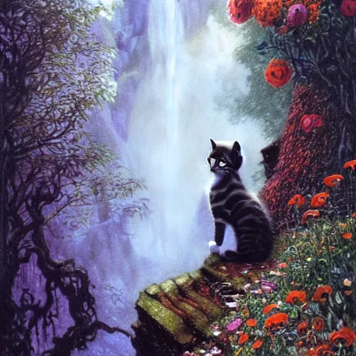 Image similar to painting of one kitten in the enchanted forest standing on the steps and watching the waterfall, fantasy, intricate, extremely detailed, matte, featured in artstation, art by louis wain, greg rutkowski, alan lee