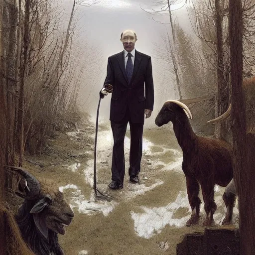 Image similar to vladimir putin is anthropomorphic goat hybrid, macabre, horror, by donato giancola and greg rutkowski and wayne barlow and zdzisław beksinski, digital art