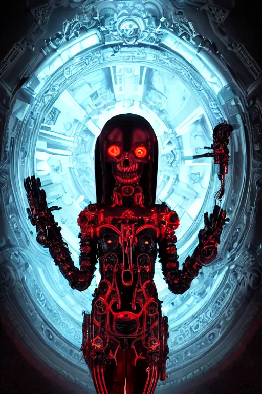 Image similar to full-body cyberpunk style sculpture of a young beautiful dark priestess, half android with a head opening exposing circuitry, glowing red eyes, black roses, flowing blood red colored silk fabric. baroque elements, candles, human skull, crows flying in background. full-length view. baroque element. intricate artwork by Caravaggio. Trending on artstation, octane render, cinematic lighting from the right, hyper realism, octane render, 8k, depth of field, 3D