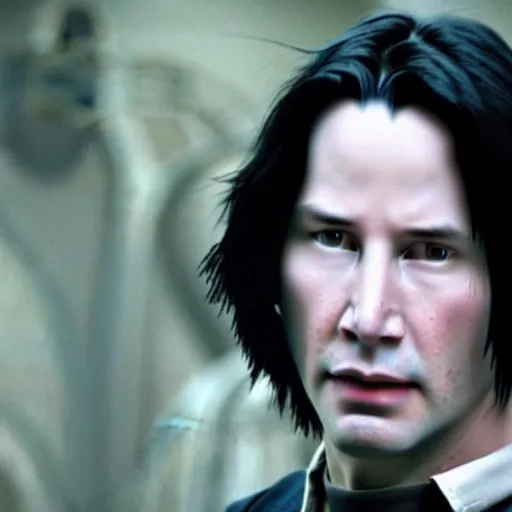 Image similar to Film Still of a Young Keanu Reeves playing a Young Severus Snape in Harry Potter, Film Still, realistic, hyperrealistic, very realistic, very very realistic, highly detailed, very detailed, extremely detailed, detailed, detailed face, very detailed face, very detailed face, realism, HD Quality, 8k resolution, intricate details, body and head in frame, Real Life