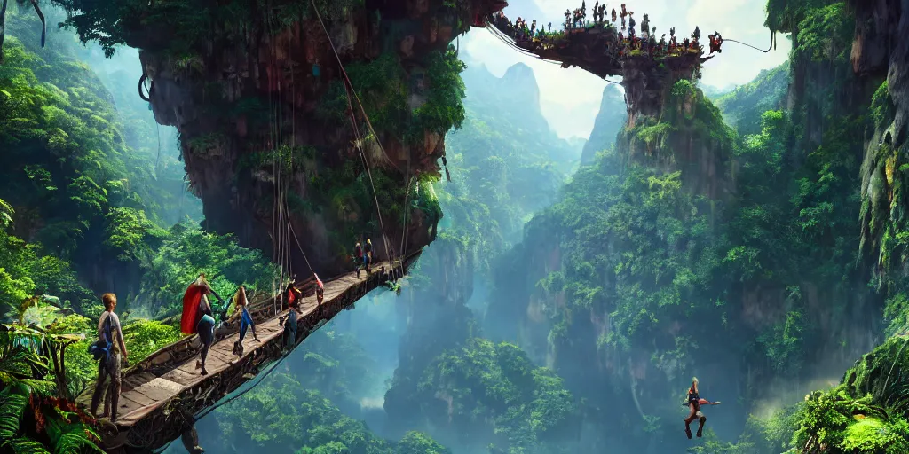 Image similar to wide angle view of colorful clothing fashion models crossing a suspended rope bridge over a deep canyon, mountainous jungle setting, trees, waterfall, river, rocks, dramatic lighting, highly detailed, artstation, unreal engine, matte painting in the style of craig mullins, Uncharted 4, fish eye lens, 8k HDR