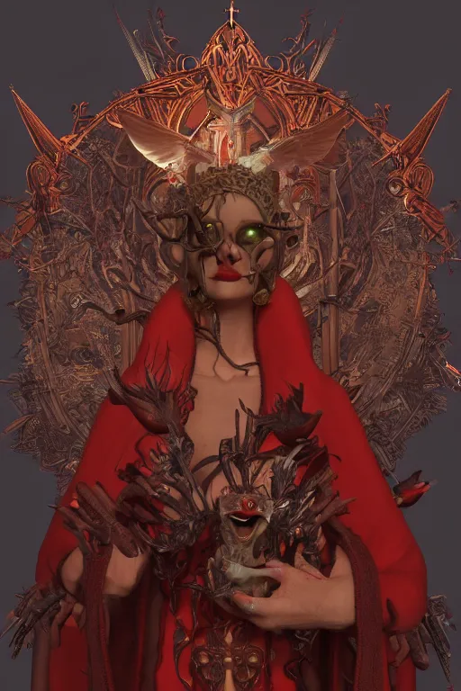 Image similar to zoom in 3 d render of demon with red face in church holding birds, ornaments, mucha vibe, dieselpunk, solarpunk, artstation, andrei riabovitchev