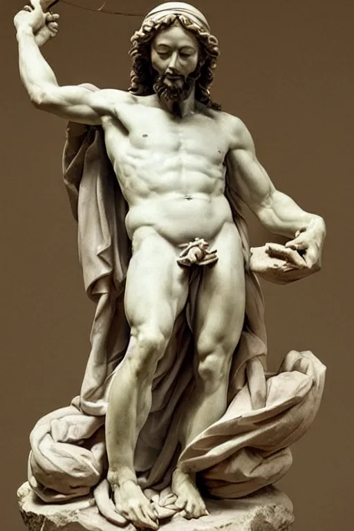 Prompt: michelangelo statue of jesus christ with blindfold!!!!!! holding cornucopia!!!!!!