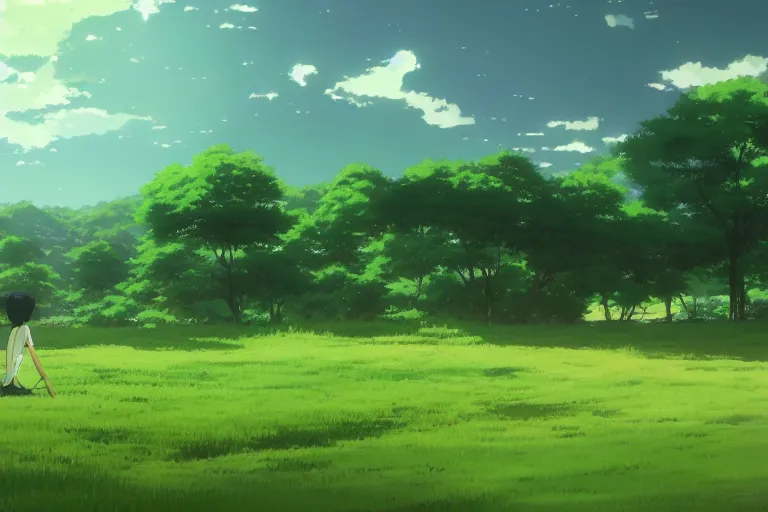 Image similar to a rolling green landscape by makoto shinkai