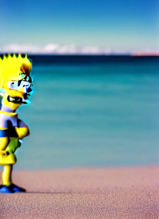 Image similar to professional photo of person looking like bart simpson, he's muscular, on the beach at noonday, blur background, high details, original simpsons cartoon style