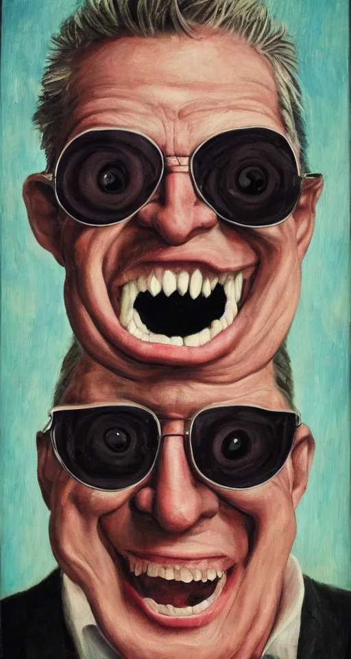 Prompt: portrait of an evil man with sunglasses, evil smile, with mouths in his eyesockets, in the style of roger deakins, david lynch, oil painting, realistic