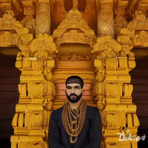 Prompt: standing in a kovil, photograph of drake the rapper, realistic lighting