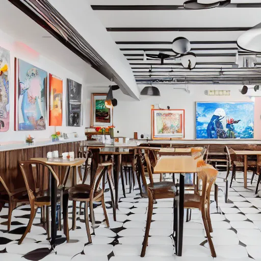 Image similar to photo of a white cafe interior with retro arcade machines on one side and tables on the other, 8 0 s art on the tall white walls, wide angle shot 4 k hdr