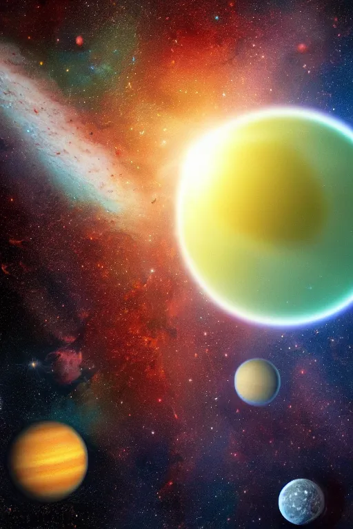 Prompt: an earthlike colorful exoplanet surrounded by space and stars, view from space, water on exoplanet