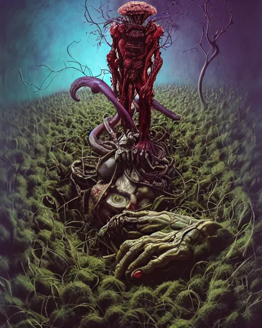 Prompt: the platonic ideal of flowers, rotting, insects and praying of cletus kasady carnage thanos dementor wild hunt chtulu mandelbulb fritz the cat doctor manhattan bioshock xenomorph akira, ego death, decay, dmt, psilocybin, concept art by randy vargas and zdzisław beksinski