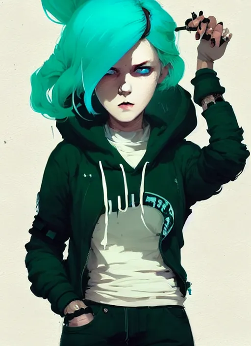 Image similar to highly detailed portrait of a urban punk lady student, blue eyes, hoodie, white hair by atey ghailan, by greg rutkowski, by greg tocchini, by james gilleard, by joe fenton, by kaethe butcher, gradient green, black, brown and teal color scheme, grunge aesthetic!!! ( ( graffiti tag wall background ) )