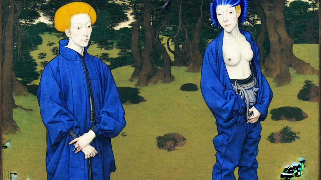 Prompt: portrait of a androgynous woman with blue hair, wearing a jeans jackets, a high collar t - shirt and baggy jeans, in the style of rogier van der weyden and jacopo da pontormo, standing in a botanical garden, bjork aesthetic, masterpiece, cyberpunk, ukiyo - e