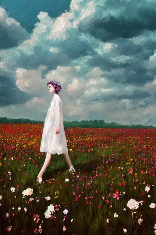 Image similar to giant white flower crown as head, veil girl walking in a flower field, surreal photography, sunrise, dramatic light, impressionist painting, colorful clouds, digital painting, artstation, simon stalenhag