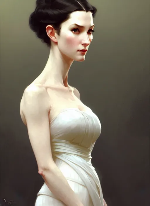 Image similar to character concept portrait of a woman with pointy ears and an elegant gown, pale face, intricate, elegant, digital painting, concept art, smooth, sharp focus, illustration, from Metal Gear, by Ruan Jia and Mandy Jurgens and William-Adolphe Bouguereau, Artgerm