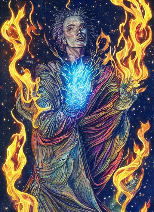 Image similar to high intricate colored ink drawing of the sandman holding a glimmering fire - galaxy, full shot, neil gaiman, maria panfilova, andrea savchenko, mike kime, ludovic plouffe, qi sheng luo, oliver cook, julian calle, eddie mendoza, trending on artstation