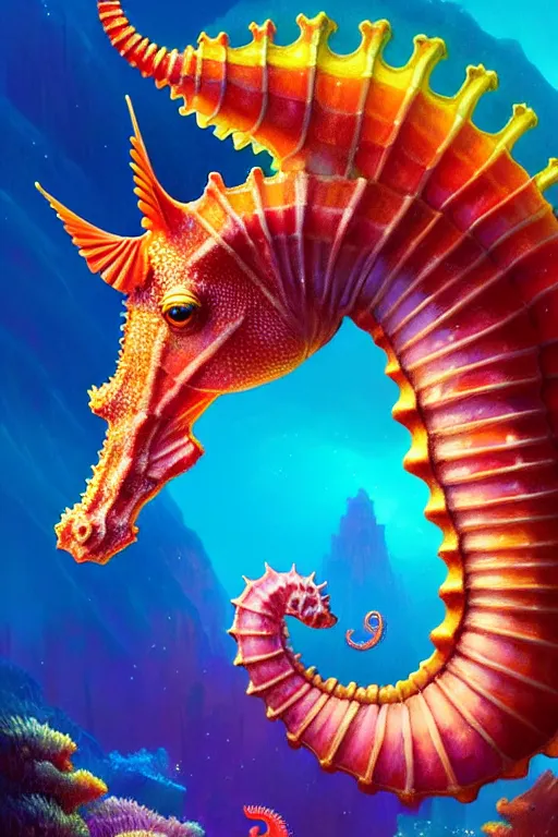 Image similar to highly detailed portrait of rainbow - colored seahorse, stephen bliss, unreal engine, fantasy art by greg rutkowski, rhads, ferdinand knab, makoto shinkai and lois van baarle, ilya kuvshinov, rossdraws, tom bagshaw, global illumination, radiant light, yellow blue theme, coral reef