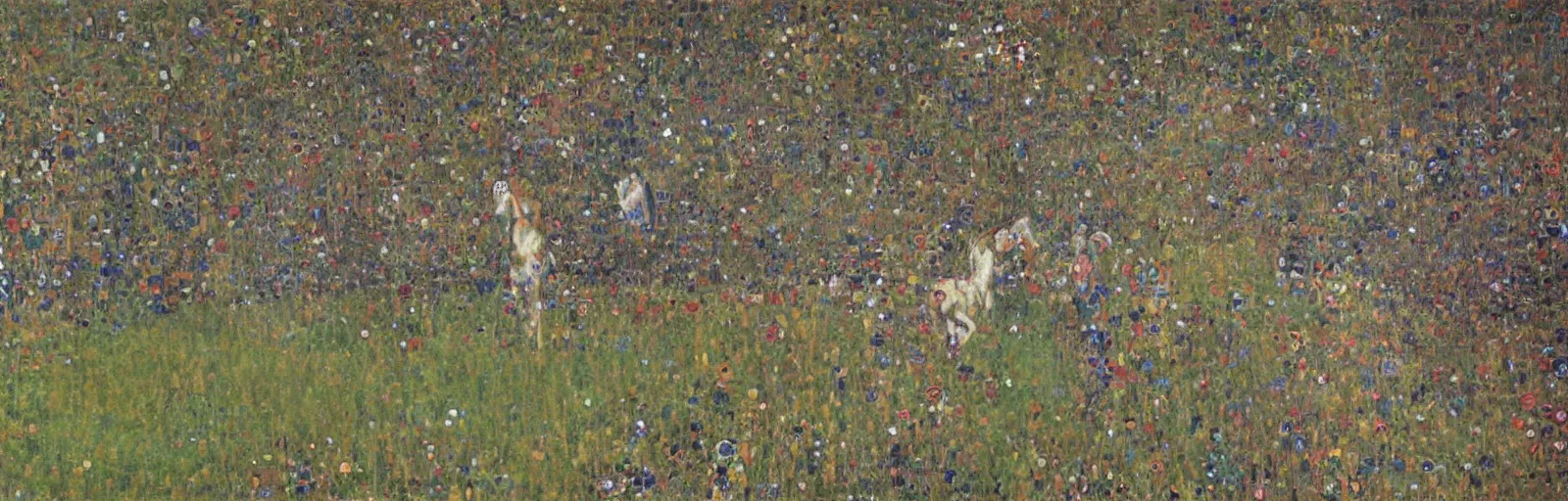 Prompt: lots of horses running through the field, hyper realistic, more details, they might be crawling, original oil on canvas painting by gustav klimt