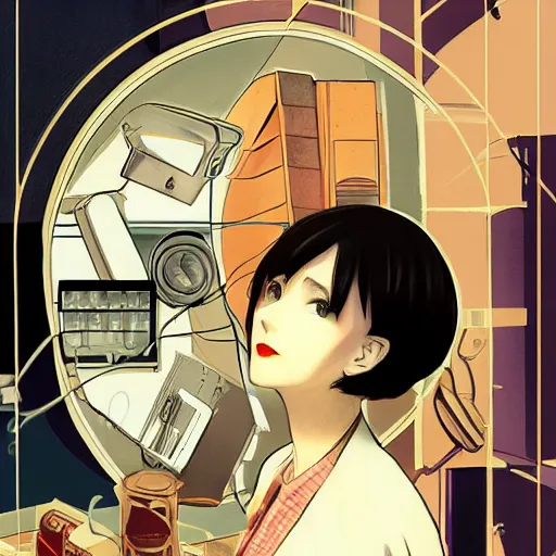 Prompt: a serial experiments lain inspired Leyendecker scenery artwork