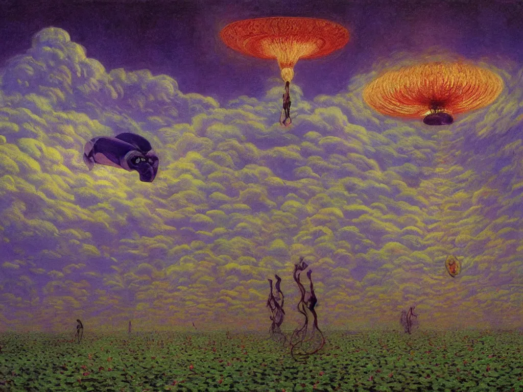 Image similar to psychedelics dream bot mothership over the former species. painting by monet, walton ford, wayne barlowe, agnes pelton, rene magritte