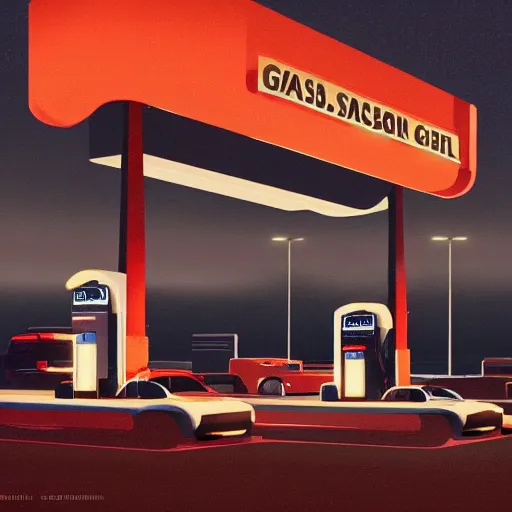 Prompt: a gas station at night by emiliano ponzi, george ault, featured on polycount, bauhaus, concept art, matte drawing, reimagined by industrial light and magic