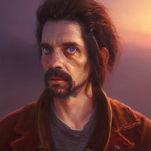 Prompt: portrait of 3 0 year old don van vliet, sunset, gorgeous view, depth, painted by seb mckinnon, high detail, digital art, painted by greg rutkowski, trending on artstation