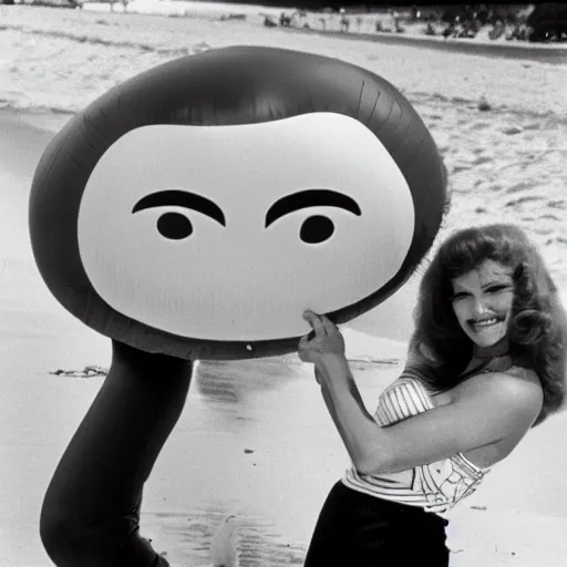 Image similar to 1981 woman on tv show wearing a happy squishy inflatable prosthetic mask, soft color wearing a swimsuit at the beach 1981 color film 16mm holding a an inflatable fish Fellini John Waters Russ Meyer Doris Wishman old photo