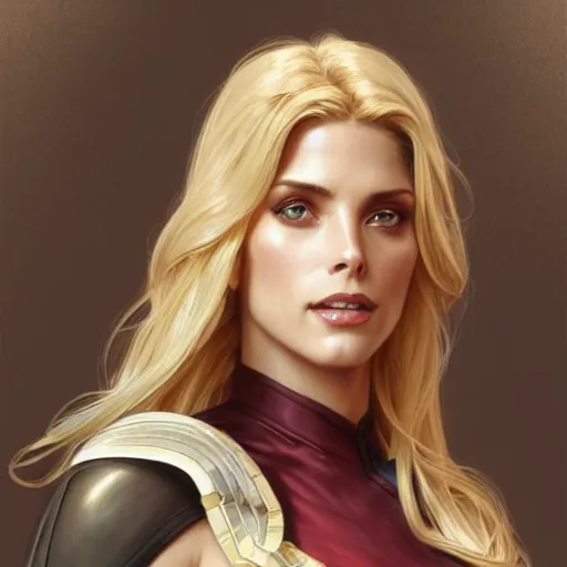 Prompt: Ashley Greene with blonde hair as Power Girl, western, D&D, fantasy, intricate, elegant, highly detailed, digital painting, artstation, concept art, matte, sharp focus, illustration, art by Artgerm and Greg Rutkowski and Alphonse Mucha