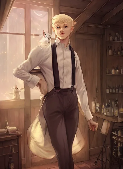 Prompt: beautiful portrait commission of a male furry anthro albino mountain lion wearing a white dress shirt with suspenders in an old-timey Saloon. Atmospheric. Character design by charlie bowater, ross tran, artgerm, and makoto shinkai, detailed, inked, western comic book art