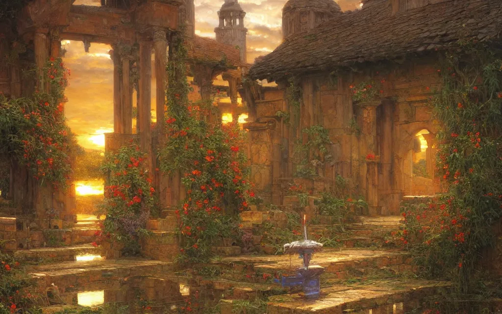 Image similar to a detailed oil painting by john williams waterhouse, thomas kincade, michael whelan and donato giancola of an arabian shrine, hyper detailed, hd, artstation, beautiful sunrise lighting