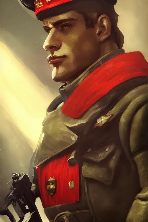 Image similar to Portrait of Male commissar. warhammer 40k setting. Shaded lighting. by Ilya Kuvshinov, Rob Rey, Giuseppe Dangelico Pino. Cinematic. Dark Lighting. Rule of Thirds. Imposing, pointing, heroic, detailed, realistic, 8k, photorealistic, detailed eyes, detailed background