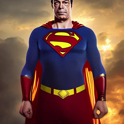 Prompt: Portrait of Nigel Farage as superman, heroic, amazing splashscreen artwork, splash art, head slightly tilted, natural light, elegant, intricate, fantasy, atmospheric lighting, cinematic, matte painting, detailed face, by Greg rutkowski
