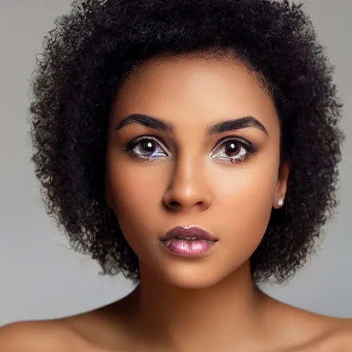 Image similar to a closeup portrait of a black woman with brown hair and brown eyes. Extremely clear and high quality eyes with reflection, realistic face and details, clear lips and high quality