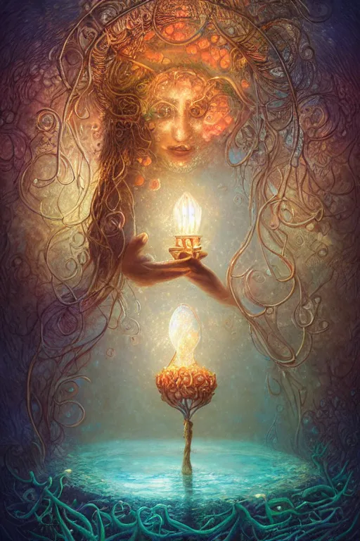 Image similar to a stunning ultra detailed underwater fantasy illustration of a goddess holding a glowing lamp, overgrown with colorful coral, by tomasz alen kopera, water bubbles, very detailed, deep depth of field, 5 0 mm lens, soft lighting, artstation, highly coherent, 8 k