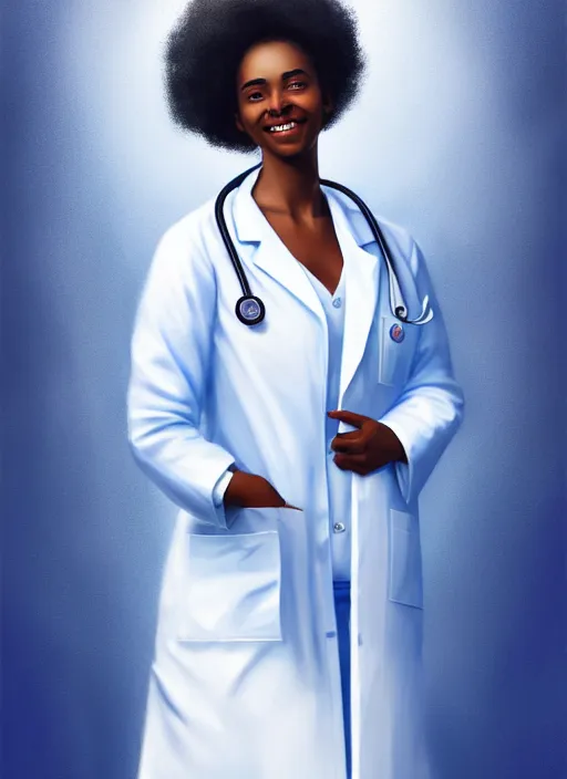 Prompt: full body portrait of young black woman with as a doctor, blue scrubs and white coat, intricate, beaming smile, angelic halo, highly detailed, digital painting, artstation, concept art, smooth, sharp focus, illustration, art by wlop, mars ravelo and greg rutkowski