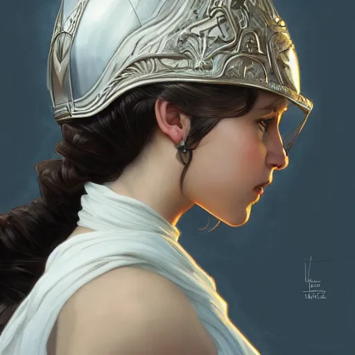 Image similar to portrait of a young woman wearing an elegant white dress and a knight helmet, scared, intricate, headshot, highly detailed, digital painting, artstation, concept art, sharp focus, cinematic lighting, illustration, art by artgerm and greg rutkowski, alphonse mucha, cgsociety