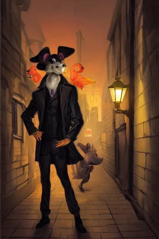 Image similar to Chuck E. Cheez wearing a trench coat, standing in an alley way, lit by streetlight, dealing illegal cheese, artstation, by J. C. Leyendecker and Peter Paul Rubens,