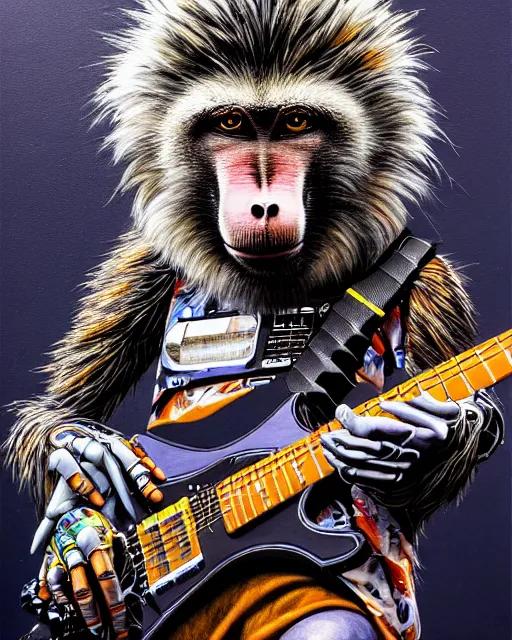 Image similar to a portrait of an anthropomorphic cyberpunk baboon shredding an electric guitar by sandra chevrier, by jon foster, detailed render, tape deck, epic composition, cybernetics, 4 k realistic, cryengine, realistic shaded lighting, sharp focus, masterpiece, by enki bilal