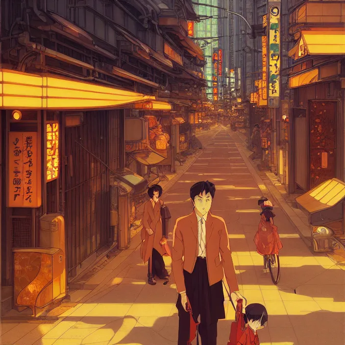 Image similar to empty tokyo, autumn, in the style of studio ghibli, j. c. leyendecker, greg rutkowski, artem