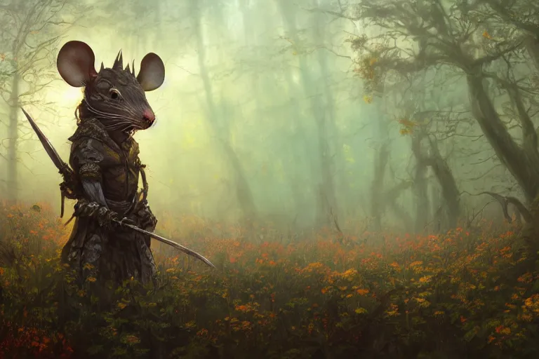 Prompt: sunset lighting ominous shadows, cinematic fantasy painting, dungeons and dragons, an ashigaru feudal armored anthropomorphic brian froud mouse looks over an autumn forest clearing of wildflowers glade jessica rossier and brian froud