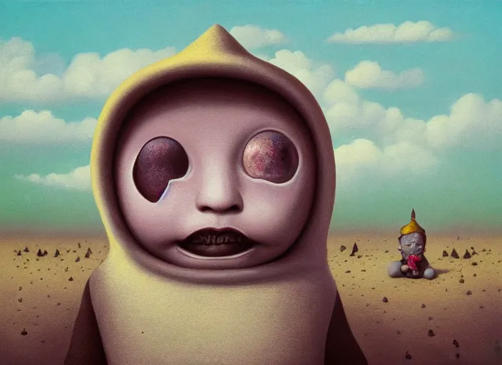 Image similar to a forgotten garden gnome in a vast barren desert, hopeless wasteland background with a relentless raging sun overhead, an ultrafine detailed painting by mark ryden, trending on deviantart, pop surrealism, whimsical, lowbrow, perfect symmetrical face