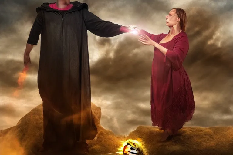 Image similar to puppy wizard casting a magic spell on an evil witch, majestic pose, dramatic lighting, cinematic scene