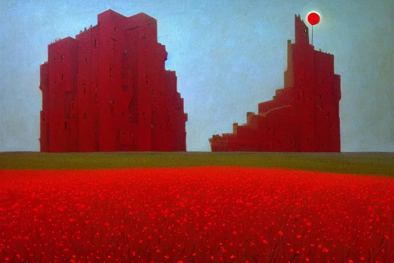 Image similar to only with red, red flowers of different types, a castle in the background, red giants rest over the flowers, in the style of beksinski, part by hopper, part by rodcenko, part by hofbauer, intricate composition, red by caravaggio, insanely quality, highly detailed, masterpiece, red light, artstation, 8 k