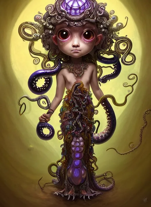 Image similar to A full shot of a cute magical monster Cryptid wearing an ornate dress made of opals and tentacles. Chibi. Subsurface Scattering. Translucent Skin. Caustics. Prismatic light. defined facial features, symmetrical facial features. Opalescent surface. Soft Lighting. beautiful lighting. By Giger and Ruan Jia and Artgerm and WLOP and William-Adolphe Bouguereau and Loish and Lisa Frank. Sailor Moon. Masterpiece. trending on artstation, featured on pixiv, award winning, cinematic composition, dramatic pose, sharp, details, Hyper-detailed, HD, HDR, 4K, 8K.