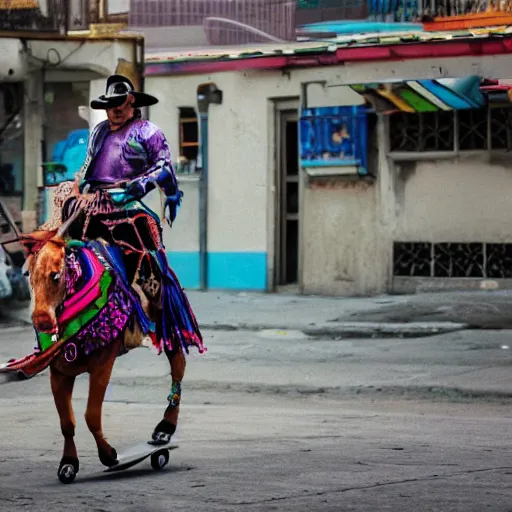 Image similar to A Mexican charro in a cyberpunk city riding a flying skateboard