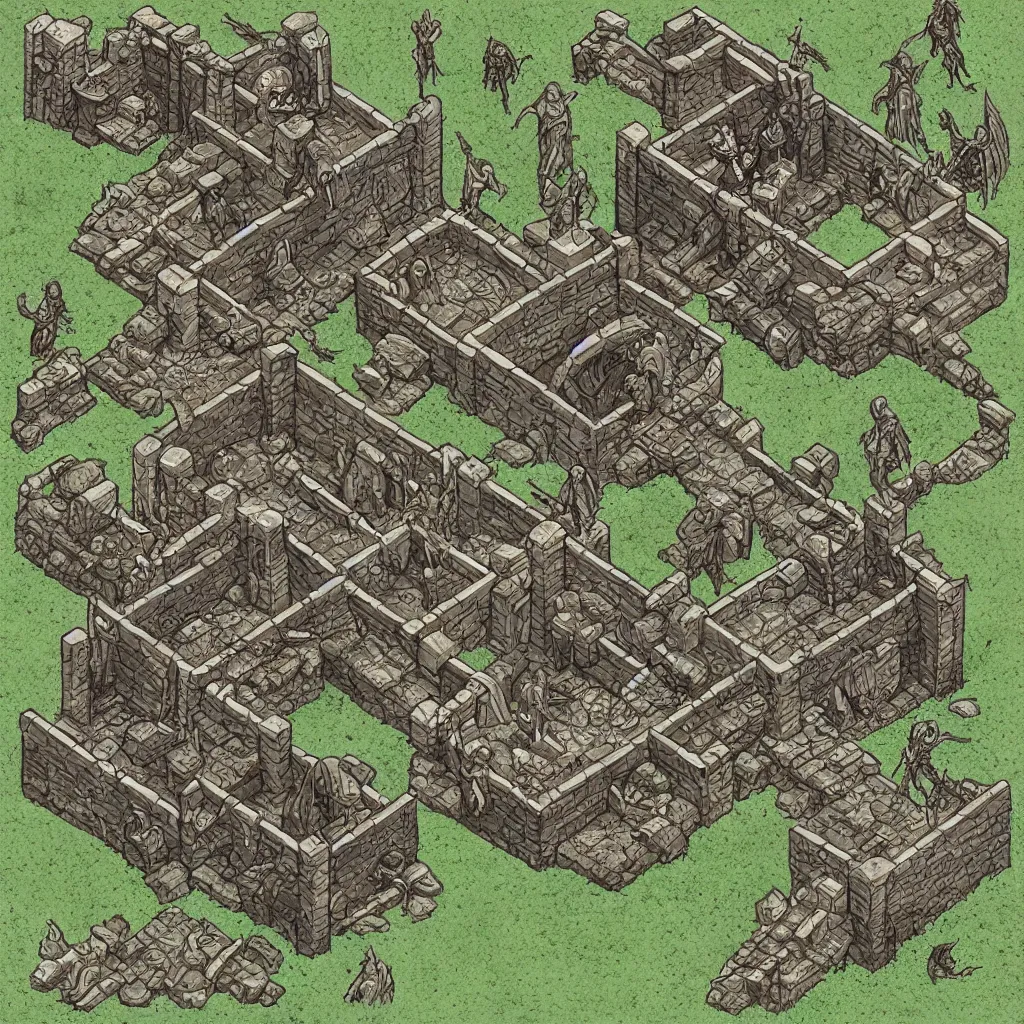 Image similar to tomb of elemental evil, isometric view, tileset, dungeons and dragons art by d. a. trampier, d & d tabletop miniature